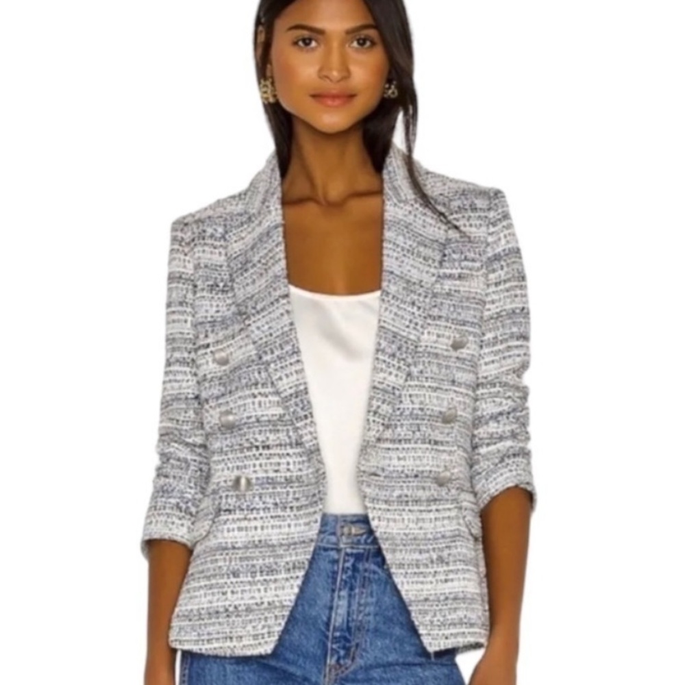 L'AGENCE White and Gray Tweed Double-Breasted Blazer - Picture 2 of 9